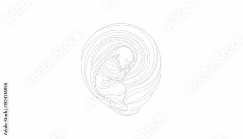 Newborn baby sleeping peacefully in a swirling womb-like cocoon, symbol of new life and protection.