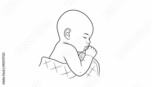 Newborn baby sleeping peacefully, wrapped in a blanket, line art illustration