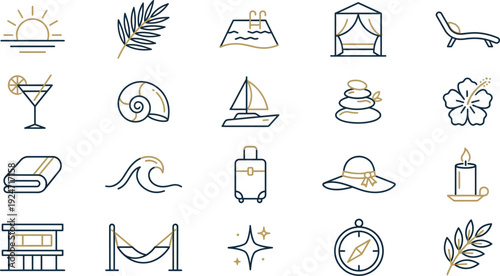 Stylized golden and dark blue outline icons depicting various travel and relaxation elements.