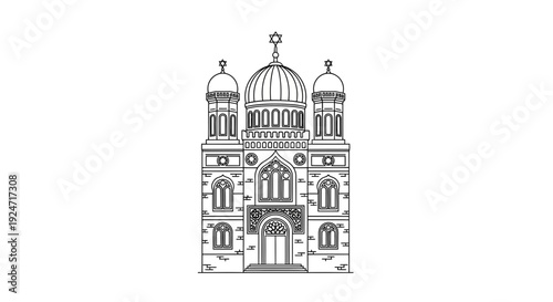 Ornate Synagogue Building Facade, Architectural Drawing, Religious Landmark