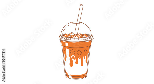 Orange Iced Drink in Plastic Cup with Straw and Drips - Refreshing Beverage Illustration