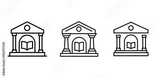 Three stylized library building icons featuring columns and open book symbolizing knowledge and education structures