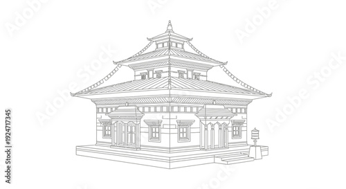Outline Drawing of a Traditional Pagoda Temple Building