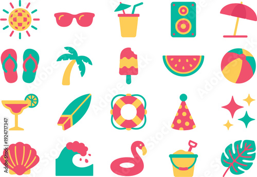 Colorful flat icons collection representing various summer vacation activities and beach essentials