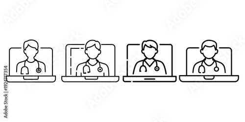 Telemedicine consultation with doctors on laptop screens for remote healthcare diagnosis and online medical advice service provider