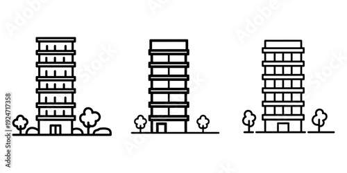 Modern office buildings with trees and entrance door for corporate business development in city urban landscape minimalist line art