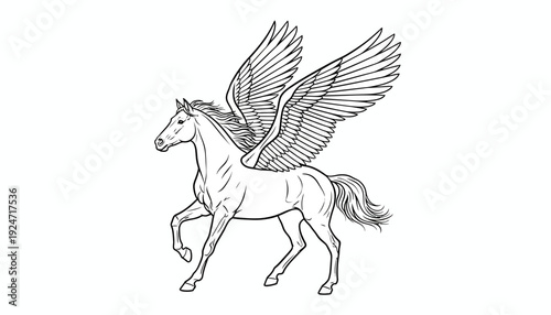 Pegasus Mythical Winged Horse Line Art Drawing, Fantasy Creature Illustration