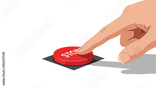 Human hand reaching out to press a large red emergency stop button isolated on a clean white background for safety concepts.