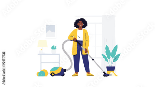 Cheerful young woman cleaning the floor of her bright living room using a modern vacuum cleaner while standing near houseplants.