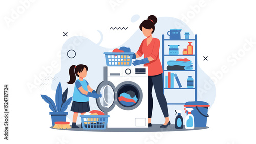 Mother and daughter working together to load clothes into a washing machine in a bright laundry room with cleaning supplies.