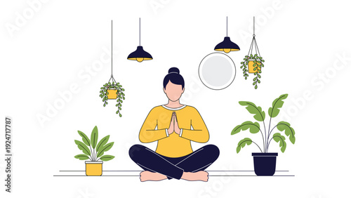 Young woman sitting in a lotus position and meditating peacefully in a minimalist room decorated with several green houseplants.