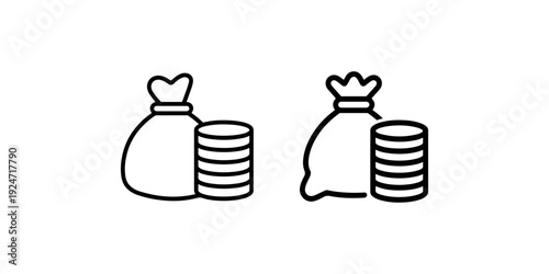 Money bag and coin stack icons for wealth, savings, currency, investment, loan, profit, cash flow and financial success, money related icons