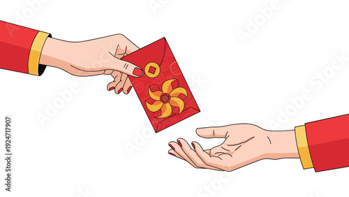 Two hands participating in the traditional custom of giving a red envelope decorated with a gold flower for lunar new year.