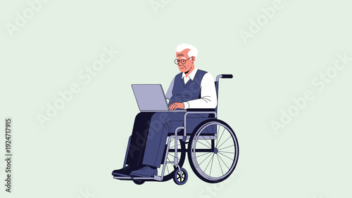 Elderly man sitting in a wheelchair and using a laptop computer for work or communication against a plain light green background.