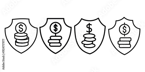 Shield with coins and dollar sign, money protection icon, secure investment symbol, financial safety and currency security concept, wealth insurance