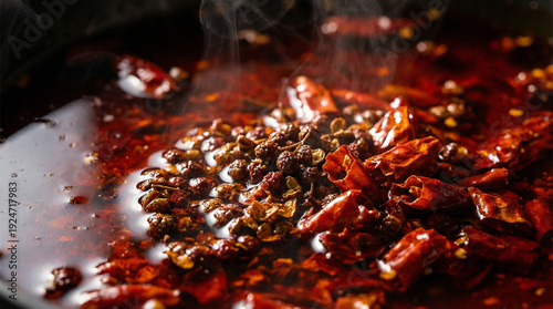 Extreme macro close-up of mala chili oil surface