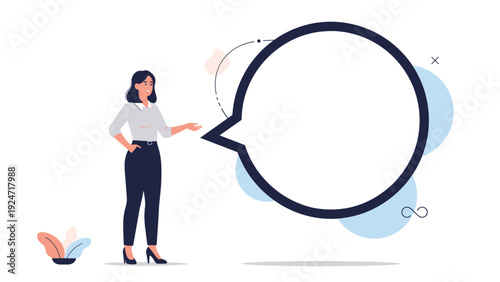 Professional woman pointing towards a giant circular speech bubble template designed for text messages or announcements.