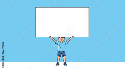 Young boy in a blue shirt and shorts holding up a large horizontal blank white sign board over his head for messages.