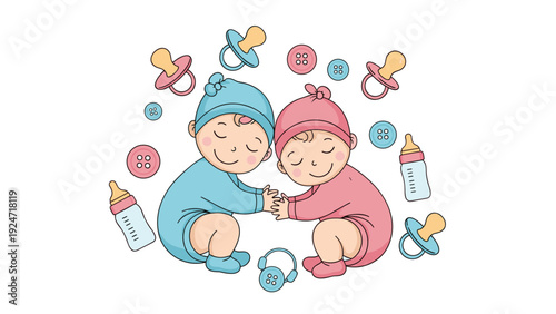 Two cute babies in blue and pink outfits sitting together surrounded by pacifiers, bottles, buttons, and baby accessories.