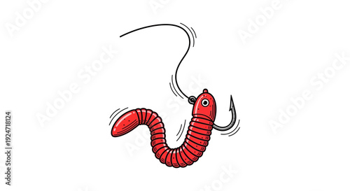 Red Fishing Worm on Hook, Bait for Catching Fish, Isolated on White Background