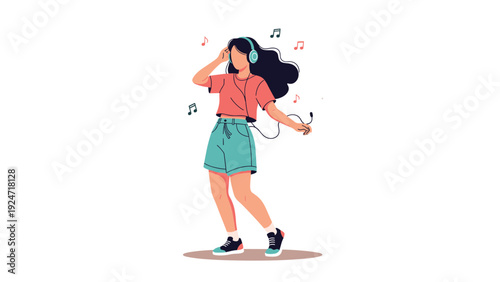 Young woman dancing happily while listening to music through headphones with musical notes floating in the air around her.