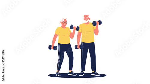 Healthy senior couple wearing yellow t-shirts and dark pants while exercising with dumbbells in a fitness workout session.