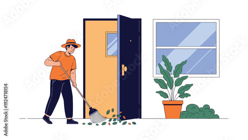 Man wearing a hat and orange shirt sweeping away dry leaves from the entrance of a building with a broom on a sunny day.