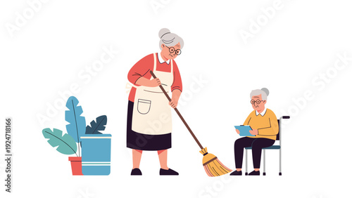Senior woman in an apron sweeping the floor while another elderly woman sits in a wheelchair holding a clipboard.