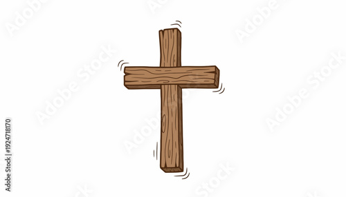 Rustic Wooden Cross Icon, Symbol of Faith and Christianity, Isolated on White Background