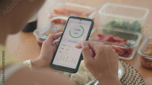 Young adult black asia people active gen z using AI phone record data daily meal tracker clean food diet app control. Asian Smart living care happy life goal routine plan lunch time home dining table.