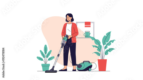 Young woman in a red cardigan using a modern vacuum cleaner to clean the floor of her home near several houseplants.