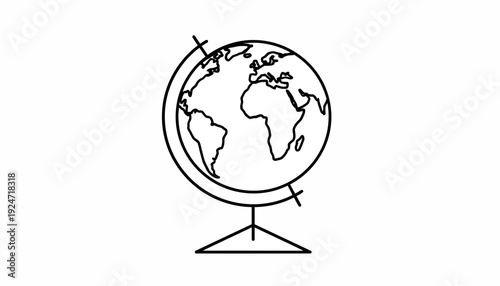 Simple Line Art Globe Icon on White Background - World Map Illustration