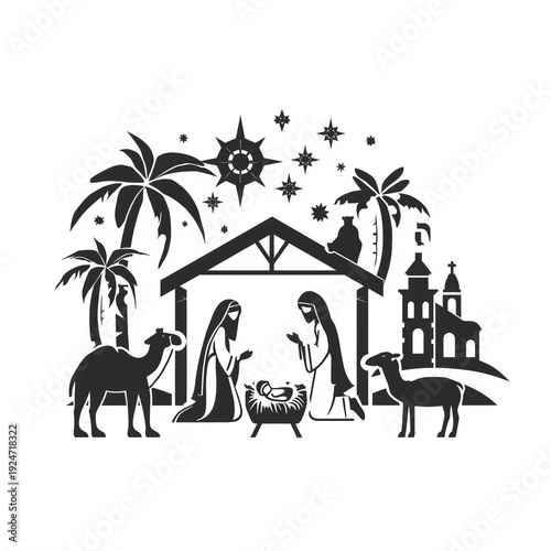 A detailed black and white illustration of a nativity scene with palm trees and a starry sky