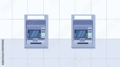 Two identical automated teller machines installed side by side on a tiled wall in a bank or public area for transactions.