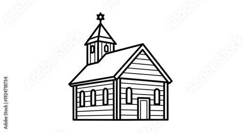 Simple Line Drawing of a Small Wooden Church Building with a Steeple and Star