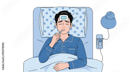 Sick man lying in bed with a thermometer in his mouth and a cooling patch on his forehead feeling unwell with a fever.