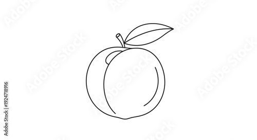 Simple Outline Drawing of a Peach with a Leaf and Stem on White Background