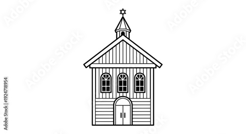 Simple Outline Illustration of a Small Wooden Synagogue with Star of David