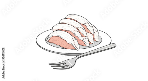 Sliced Cooked Chicken Breast on Plate with Fork, Healthy Food Illustration