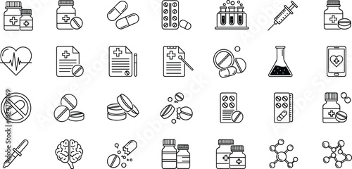 Medical healthcare line icon set with pills syringe laboratory equipment and pharmacy symbols isolated on white background