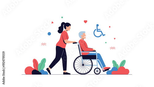 Female caregiver pushes an elderly man in a wheelchair surrounded by decorative plants and abstract elements in a minimal flat style.