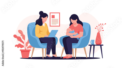 Social worker using a laptop while talking to a young mother holding a baby in a comfortable room for a consultation.