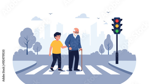 Young boy assists an elderly man with a walking stick to cross a city street at a crosswalk during the day with urban buildings behind them.