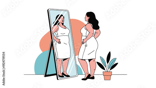 Plus-size woman wearing a white dress stands in front of a mirror and looks at her reflection with confidence in a modern vector style.