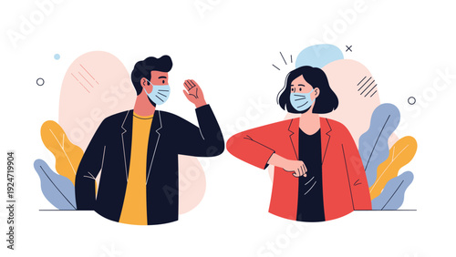 Man and woman wearing protective face masks greet each other by doing an elbow bump to maintain social distance and prevent spreading germs.