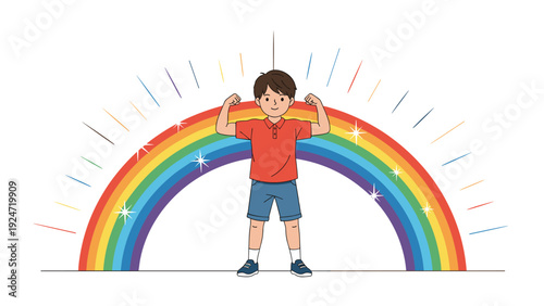 Happy young boy stands in front of a vibrant colorful rainbow and flexes his arm muscles to show strength and health in a playful drawing.