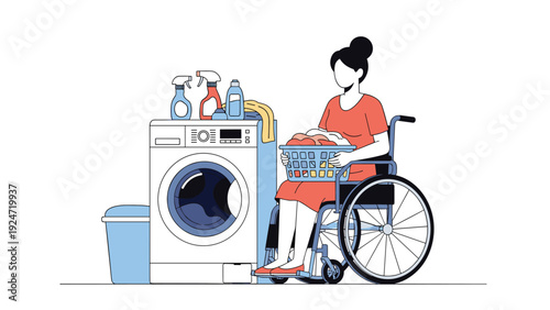 Determined woman in a wheelchair manages her household chores by holding a laundry basket full of clothes next to a modern washing machine.