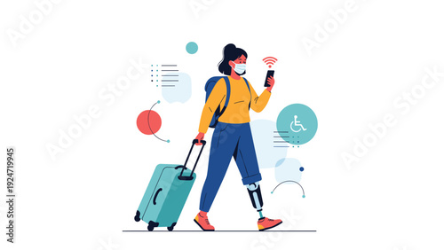Woman with a prosthetic leg and a face mask travels through an airport while pulling a suitcase and checking her smartphone for updates.