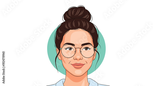 Close-up portrait of a young woman with her hair in a bun wearing round glasses and smiling softly against a light teal circle background.