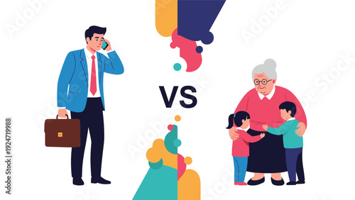 Illustration comparing a busy businessman on a phone call with an elderly grandmother hugging her grandchildren against abstract shapes.